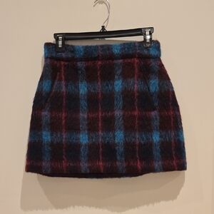 Ramy Brook Blue & Burgundy Plaid Faux-Mohair Mini Skirt